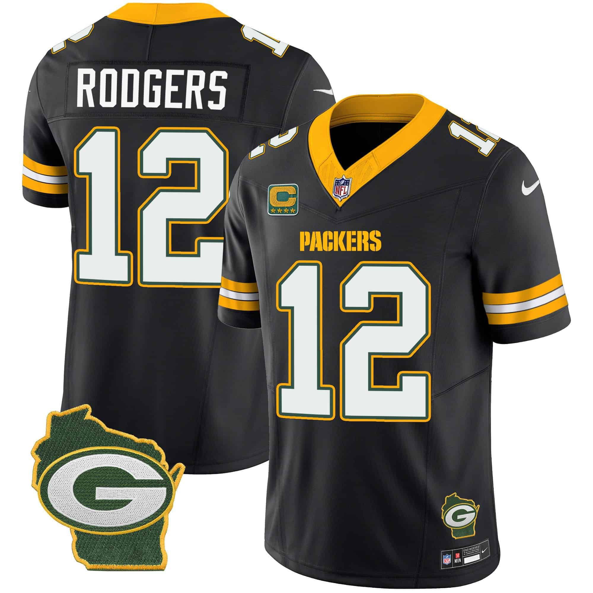 Men Green Bay Packers #12 Rodgers Black 2024 Nike Home Patch Vapor NFL Jersey style 1